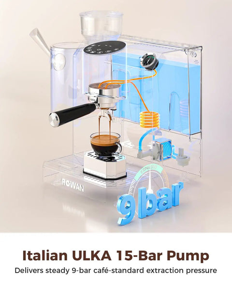 Smooth Operator Automatic Espresso Machine With Integrated Grind Distribute And Tamp Design Built In Calibrated Tamper; 9-bar pump brewing espresso.