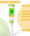 Pro Grade Food pH Meter With Backlit LCD And ATC, Ultra Accurate 0.01 pH, 0 To 14 Range, detailed features labeled