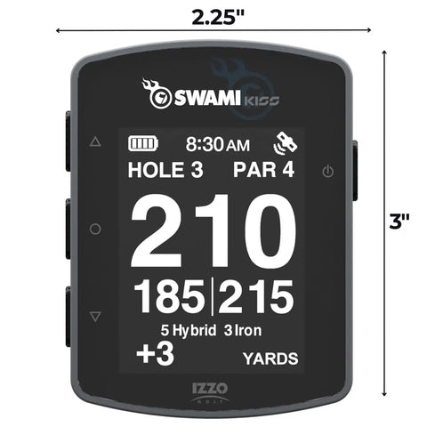 Handheld Golf GPS Rangefinder With Integrated Magnets, Auto Course Recognition, screen displaying yardages on hole 3, grey finish