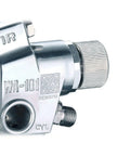 Pro Level Stainless Steel Pneumatic Paint Spray Gun That Cuts Through The Grind With Zero Sweat For A Flawless Coat On Furniture Aircraft And Diy Backyard Builds close-up of nozzle and adjustment knob.