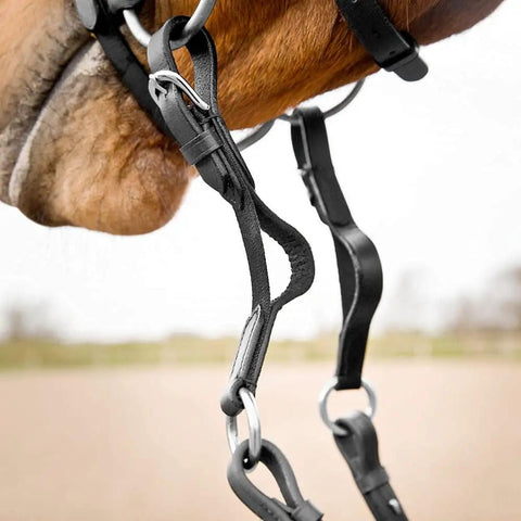 Soft Elastic Rein Aid Inserts for Horses Rein Extensions That Improve Contact and Promote Soft Hands Easy to Attach Strap Fits Most Bits Black One Size Ideal for Sensitive Horses attached to a horse's bit.
