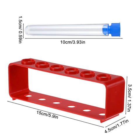 All In One Test Tube Rack Set With 12 Clear Test Tubes And Two Red Racks In Blue And Red Integrated Pack dimensions display