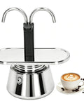 Heavy Duty Stainless Steel Moka Pot For Two With Dual Spout Stovetop Espresso Maker displayed with coffee cup and beans.