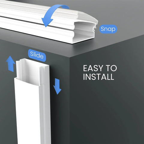Close-up of TV Cord Hider Kit 34 Inch White Peel And Stick Cable Concealer showing easy installation with snap and slide mechanism