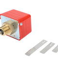 Heavy Duty Paddle Flow Switch Sensor For Water Quality Monitoring In Industrial Settings Built Tough With Rainproof ABS Housing And Precise Flow Detection To Keep Water Oil Flow Under Control, red ABS housing with brass threaded fitting and metal paddles