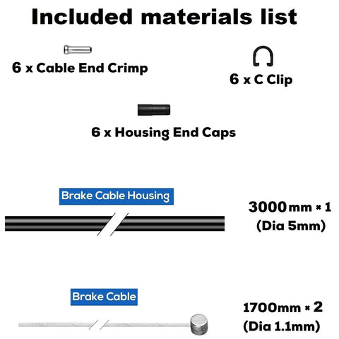 Universal Bike Brake Cable And Housing Kit 9.8 Feet Black with Ferrules, End Caps, C-Clips, and Cable Housing shown.