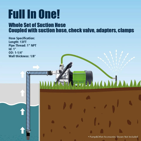 Diagram of 1 Inch ID PVC Suction Hose With Foot Valve Non Return Assembly 13 Foot Length All In One Pump Inlet Kit in use