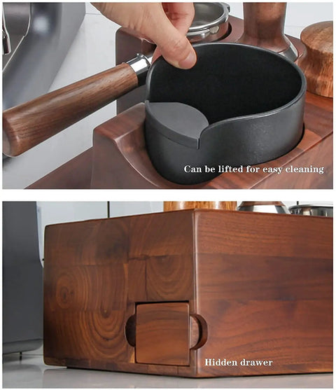 Slick Wooden Coffee Knock Box With A Solid Built In Tamping Station and Smart Hidden Compartment for easy espresso cleanup.