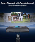 Two-Way Audio PoE Security Camera System Outdoor With 5MP Wired Cameras And 4K 8-Channel NVR, remote control and NVR displayed.