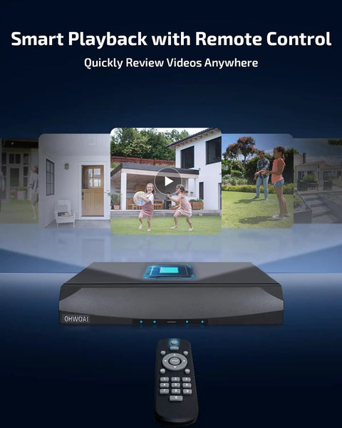 Two-Way Audio PoE Security Camera System Outdoor With 5MP Wired Cameras And 4K 8-Channel NVR, remote control and NVR displayed.