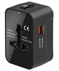 All-In-One Travel Adapter With GaN Fast Charging PD 3.0 USB-C And USB-A Quick Charge Ports, black, showing sockets and ports