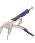 10-inch locking sheet metal clamp with duckbill pliers in carbon steel, featuring adjustable screw pressure, easy pull release lever, rubber grip.