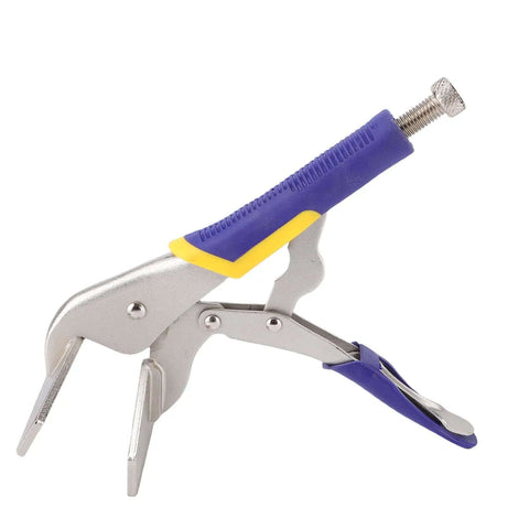 10-inch locking sheet metal clamp with duckbill pliers in carbon steel, featuring adjustable screw pressure, easy pull release lever, rubber grip.