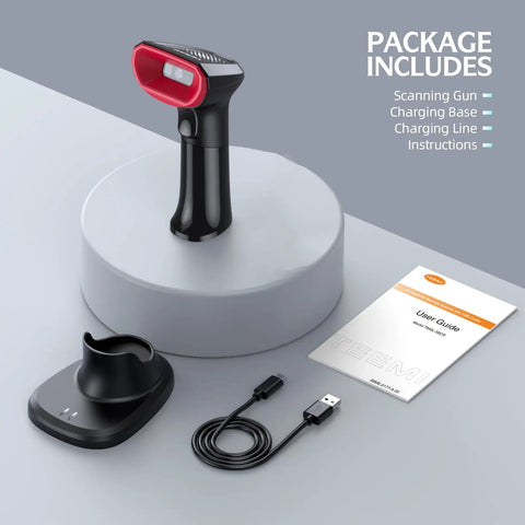 2D Bluetooth Barcode Scanner with USB Cradle and Auto Switching Modes for Hands Free Presentation packaging contents