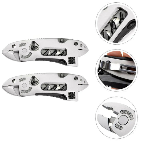 Two Piece Portable Stainless Steel Multitool Pliers Set With Wire Cutters And Multi Purpose Wrench For Outdoor Survival Camping And Fishing Gear Built Tough As Nails For Any Adventure showing tools and close-up details