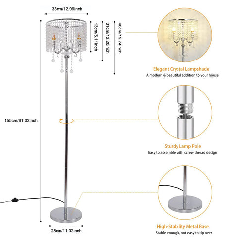 Chrome Finish Modern Floor Lamp With Crystal Ball Shades 2 Light Reading Lamp with crystal string accents and sturdy chrome pole.