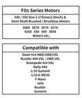 Compatibility and motor series chart for Metal Spur Gear Set 54T 32P With 15T 17T And 19T Pinions for Traxxas RC models.