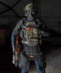 Samurai Inspired Tactical Armor Set With Pauldron, Armor Skirt, And Crotch Protector For Cosplay And LARP, dark setting, full gear view