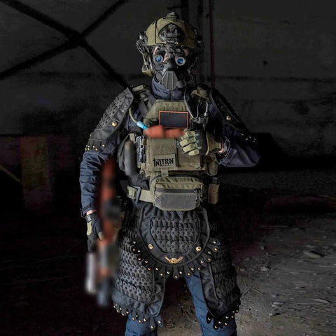 Samurai Inspired Tactical Armor Set With Pauldron, Armor Skirt, And Crotch Protector For Cosplay And LARP, dark setting, full gear view