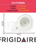Genuine OEM Dryer Blower Wheel And Housing Assembly Replacement 131775600, 14.5x7.5x10.25 inches, side view with Frigidaire logo.