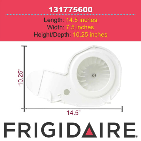 Genuine OEM Dryer Blower Wheel And Housing Assembly Replacement 131775600, 14.5x7.5x10.25 inches, side view with Frigidaire logo.