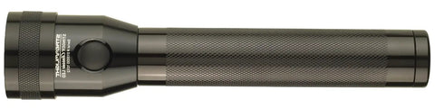 Side view of Stinger Classic 500-Lumen Rechargeable LED Flashlight with 120-Volt AC Charger, beast anodized aluminum body, knurled grip.
