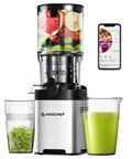 AMZCHEF Cold Press Juicer With 5.4 Inch Slow Masticating Wide Feed Chute and fresh fruits ready for extraction.