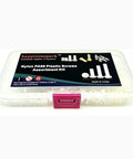 All In One Nylon PA66 White Metric Phillips Pan Head Screws Set 500Pcs M2 To M2.6 With Plastic Storage Box For Electronics Repair DIY Assorted Hardware Kit in a clear plastic box with a pink latch.