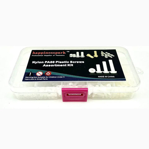 All In One Nylon PA66 White Metric Phillips Pan Head Screws Set 500Pcs M2 To M2.6 With Plastic Storage Box For Electronics Repair DIY Assorted Hardware Kit in a clear plastic box with a pink latch.