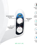 Control panel of non electric manual bidet attachment for toilet with temperature display and knobs for water pressure and mode.