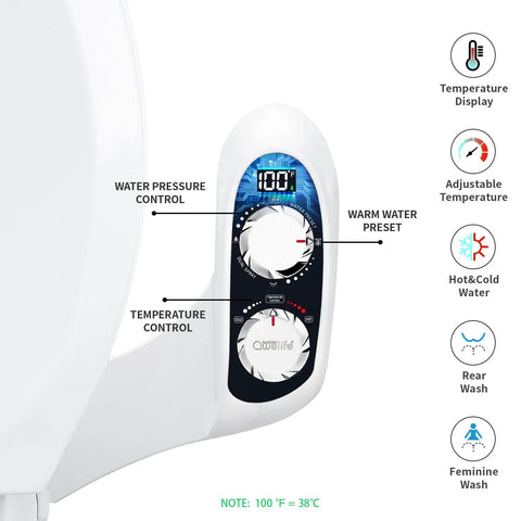 Control panel of non electric manual bidet attachment for toilet with temperature display and knobs for water pressure and mode.