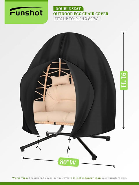 Waterproof Double Egg Chair Cover for Outdoor Hanging Swing Seats 91 By 80 Inches on chair stand, black 210D PU polyester.