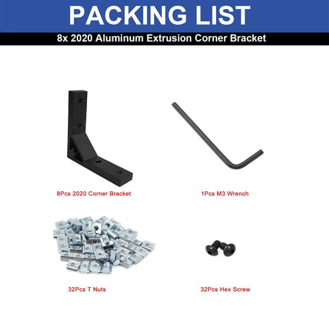 8 Piece 2020 Corner Bracket Kit With 32 M5 T Slot Nuts Plus 32 M5x12mm Hex Socket Cap Screws And 1 M3 Wrench For Aluminum Extrusion 2020 Series Projects And DIY Builders, packing list view