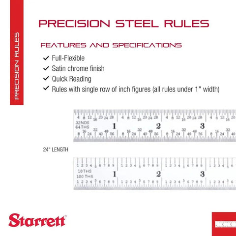 Flexible Steel Rule With Satin Chrome Finish For Quick Reading Inch Measurements, 32nds, 64ths And Aircraft Fiftieths And Hundredths