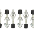 Six Pack M8x70mm Carbon Steel Toggle Clamp Screws With Rounded Spindle Tip For Stable Non Mar Clamping, Zinc Plated 70mm Long, Soft Rubber Pad For Woodworking And Metalworking Projects, six M8 screws on white background