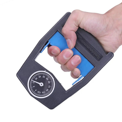 Hand Grip Dynamometer Strength Meter With Adjustable Tension For Rehab And Training, ergonomic blue grip in hand