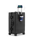 Amazon 20-inch aluminum-framed carry-on suitcase with hard shell, USB charging port, phone holder, cup holder, black