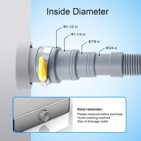 Close-up of 6 Feet Universal Drain Hose Kit for Washing Machines and Dishwashers with size details and clamp attachment.
