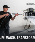 Man using Electric Pressure Washer 2.0 GPM Full Kit With 1800 Peak PSI for DIY car wash detailing, wall-mounted setup