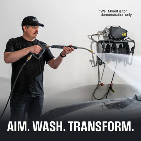 Man using Electric Pressure Washer 2.0 GPM Full Kit With 1800 Peak PSI for DIY car wash detailing, wall-mounted setup