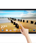 Slick 27 Inch Android 11 Touchscreen Monitor with beach background and finger tapping on screen