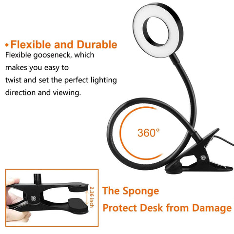 Clip On Reading Light With 48 LED USB Desk Lamp featuring flexible gooseneck and clamp for desk or headboard with eye protection