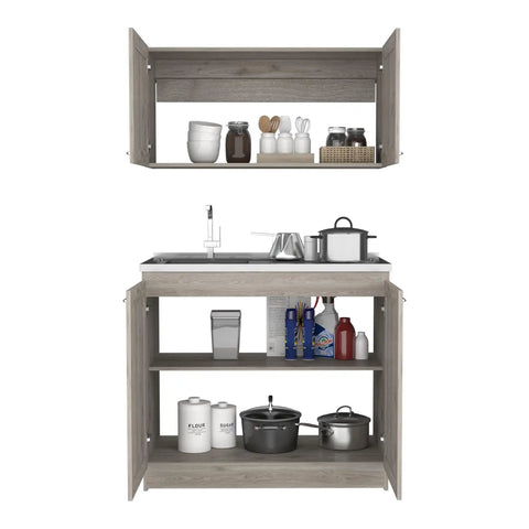 Built Like A Tank Wooden Twin Cabinet Set In Fresh Light Gray With Dual Countertops and smart compartments for heavy duty storage.