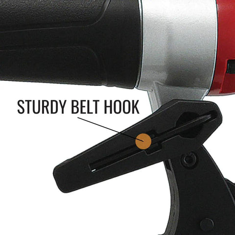 Close-up of the sturdy belt hook on the Premium 18 Gauge Brad Nailer With Lightweight Compact Design And Adjustable Depth Control.