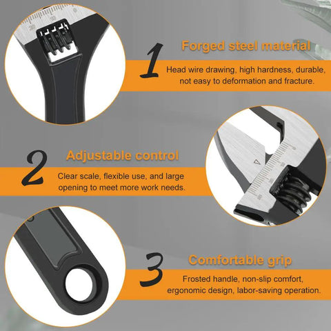 Ridiculously Handy 3-Piece Adjustable Wrench Set details, featuring durable forged steel, ergonomic grip, precise adjustments