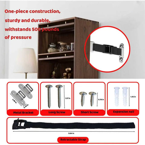 Heavy Duty Furniture Wall Anchors For Baby Proofing With Solid Anti Tip Grip To Keep Little Explorers Safe And No Sweat Mount For Couches Dressers Bookshelves Plus Rugged Steel Plates For Total Lock Down with adjustable strap and metal brackets.