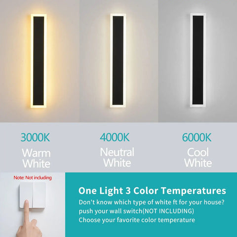 Modern Outdoor Wall Light With 15W LED Frosted White Acrylic Waterproof Sconce 27.6 Inch showing warm, neutral, cool light