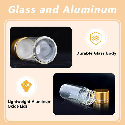 Glass and aluminum jars showcasing Four Pack Tiny Glass Jars With Lids 2ml Mini Vials Clear Small Bottles With Screw Caps For Ashes Craft Storage.