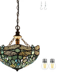 Sea Blue Stained Glass Dragonfly Tiffany Pendant Light Plug In 12 Inch Hanging Lamp with chain and bulbs.