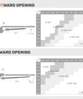 Illustration of Heavy Hitter Single Swing Gate Opener installation measurements for outward and inward opening up to 8 foot gates.